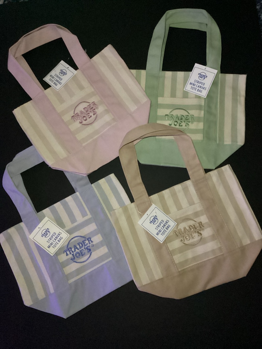Trader Joe’s Striped Mini Canvas Tote Bag Set of 4 Pink Green Blue Tan NWT
